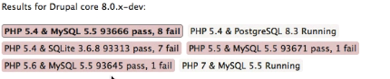Results from each environment with a red/green indicator for pass/fail